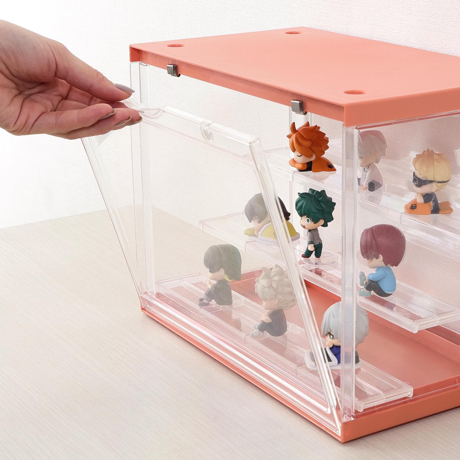 グッズ収納 ディスプレイケース ひな段式桃色三段棚付きディスプレイケース